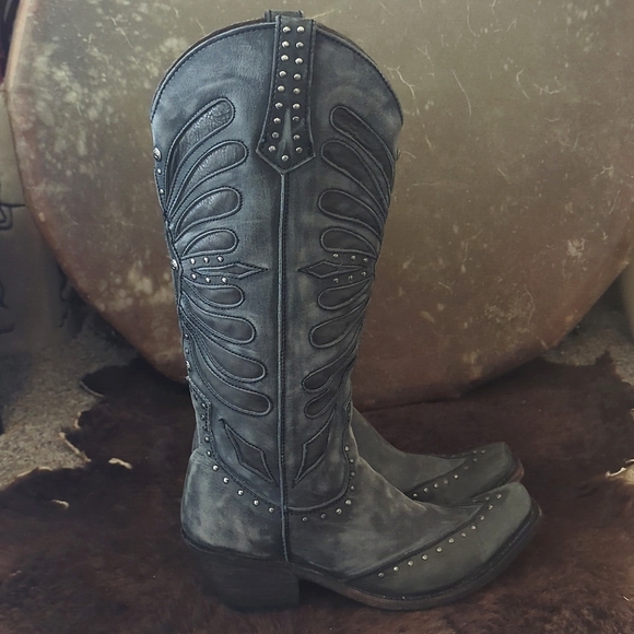 LIBERTY Black LB711510 tall "Graffito Vintage" distressed cowgirl boots sz 8.5 - Picture 12 of 16